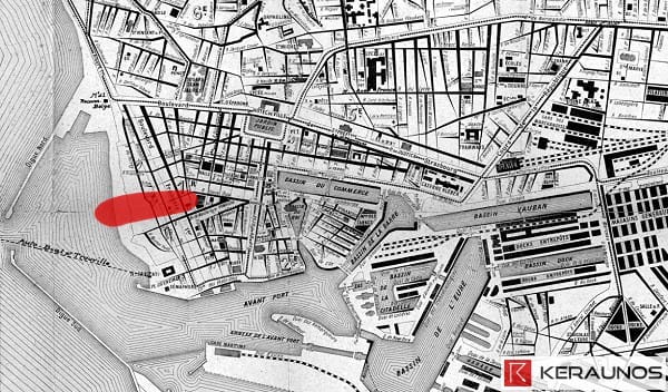 Trajectoire de la tornade EF2 du Havre (Seine-Maritime) du 18 janvier 1906. © Keraunos (fond de carte : Archives Municipales du Havre - plan de 1908) Trajectoire de la tornade EF2 du Havre (Seine-Maritime) du 18 janvier 1906. © Keraunos (fond de carte : Archives Municipales du Havre - plan de 1908)