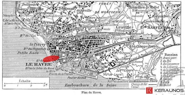 Trajectoire de la tornade EF2 du Havre (Seine-Maritime) du 18 janvier 1906. © Keraunos (fond de carte : Carto Mondo - plan de 1900) Trajectoire de la tornade EF2 du Havre (Seine-Maritime) du 18 janvier 1906. © Keraunos (fond de carte : Carto Mondo - plan de 1900)