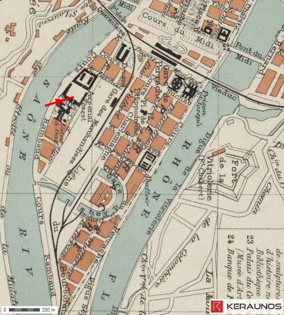 Trajectoire de la tornade EF1 de Lyon (Rhône) du 6 janvier 1906 - Le quartier de l'usine à Gaz touché. © Keraunos (fond de carte : Archives Municipales de Lyon - Plan de la fin du XIXe siècle) Trajectoire de la tornade EF1 de Lyon (Rhône) du 6 janvier 1906 - Le quartier de l'usine à Gaz touché. © Keraunos (fond de carte : Archives Municipales de Lyon - Plan de la fin du XIXe siècle)