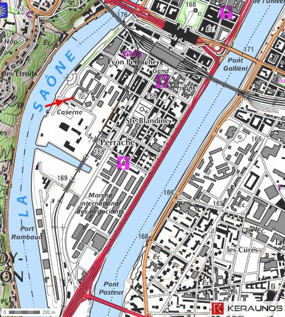Trajectoire de la tornade EF1 de Lyon (Rhône) du 6 janvier 1906 - Le même quartier au début des années 2000. © Keraunos (fond de carte : Géoportail - Plan du début des années 2000) Trajectoire de la tornade EF1 de Lyon (Rhône) du 6 janvier 1906 - Le même quartier au début des années 2000. © Keraunos (fond de carte : Géoportail - Plan du début des années 2000)