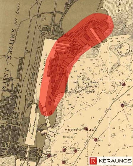 Tornade EF1 de Saint-Nazaire (Loire-Atlantique) du 30 septembre 1912 - Localisation des chantiers navals et de la zone présumée sinistrée (plages de couleur rouge). © Keraunos (plan de Saint-Nazaire à Paimboeuf, archives départementales de Loire-Atlantique) Tornade EF1 de Saint-Nazaire (Loire-Atlantique) du 30 septembre 1912 - Localisation des chantiers navals et de la zone présumée sinistrée (plages de couleur rouge). © Keraunos (plan de Saint-Nazaire à Paimboeuf, archives départementales de Loire-Atlantique)