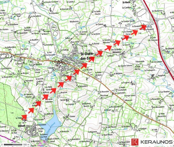 Trajectoire de la tornade EF2 de Saint-Ouën-des-Toits (Mayenne) du 15 août 1931. © Keraunos (fond de carte : Géoportail) Trajectoire de la tornade EF2 de Saint-Ouën-des-Toits (Mayenne) du 15 août 1931. © Keraunos (fond de carte : Géoportail)