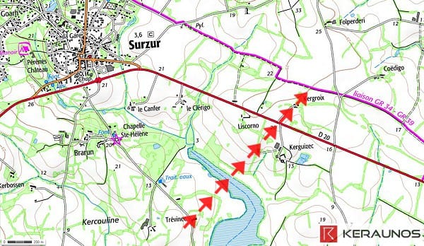 Trajectoire de la tornade EF1 de Surzur (Morbihan) du 5 août 1912. © Keraunos (fond de carte : Géoportail) Trajectoire de la tornade EF1 de Surzur (Morbihan) du 5 août 1912. © Keraunos (fond de carte : Géoportail)