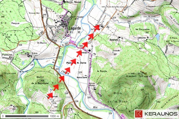 Trajectoire de la tornade EF3 de Lagarde (Ariège) du 25 mai 1969. © Keraunos (fond de carte : Géoportail) Trajectoire de la tornade EF3 de Lagarde (Ariège) du 25 mai 1969. © Keraunos (fond de carte : Géoportail)