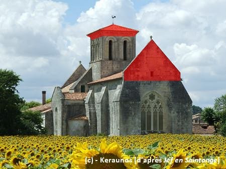 Tornade EF2 de Haimps (Charente-Maritime) du 14 novembre 1982 - L'église de Haimps aujourd'hui - Les plages de couleur rouge correspondent aux parties de l'édifice qui avaient été détruites après la tornade. © Keraunos (image : Jef en Saintonge) Tornade EF2 de Haimps (Charente-Maritime) du 14 novembre 1982 - L'église de Haimps aujourd'hui - Les plages de couleur rouge correspondent aux parties de l'édifice qui avaient été détruites après la tornade. © Keraunos (image : Jef en Saintonge)
