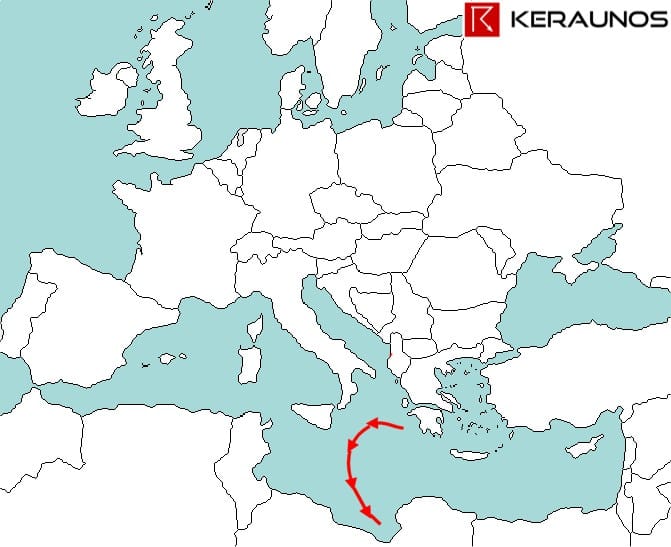 Image satellite le 16 janvier 1995 à 9h06 TU : medicane dans le bassin méditerranéen central