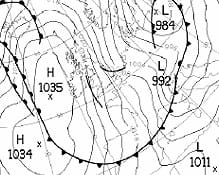 Analyse de surface du 09/11/2001 à 00Z : rapide flux de nord de la mer du Nord au Nord - Pas de Calais, avec circulation de limites secondaires (source : UKMET) Analyse de surface du 09/11/2001 à 00Z : rapide flux de nord de la mer du Nord au Nord - Pas de Calais, avec circulation de limites secondaires (source : UKMET)