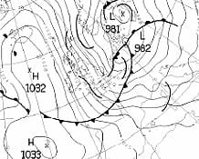 Analyse de surface du 08/11/2001 à 12Z : coup de vent sur le nord de la France (source : UKMET) Analyse de surface du 08/11/2001 à 12Z : coup de vent sur le nord de la France (source : UKMET)