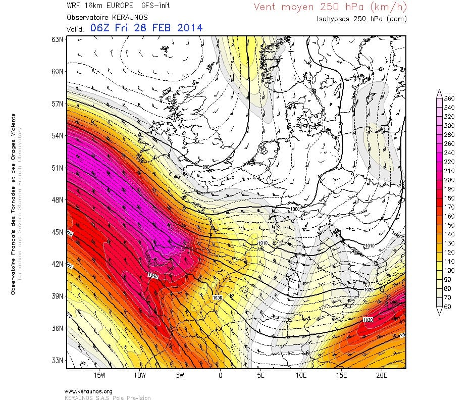 Vent moyen à 250 hPa et Z250 le 28 février à 06h TU. WRF 16 km Europe. Run du 27.02.2014 18Z. (c) KERAUNOS Vent moyen à 250 hPa et Z250 le 28 février à 06h TU. WRF 16 km Europe. Run du 27.02.2014 18Z. (c) KERAUNOS