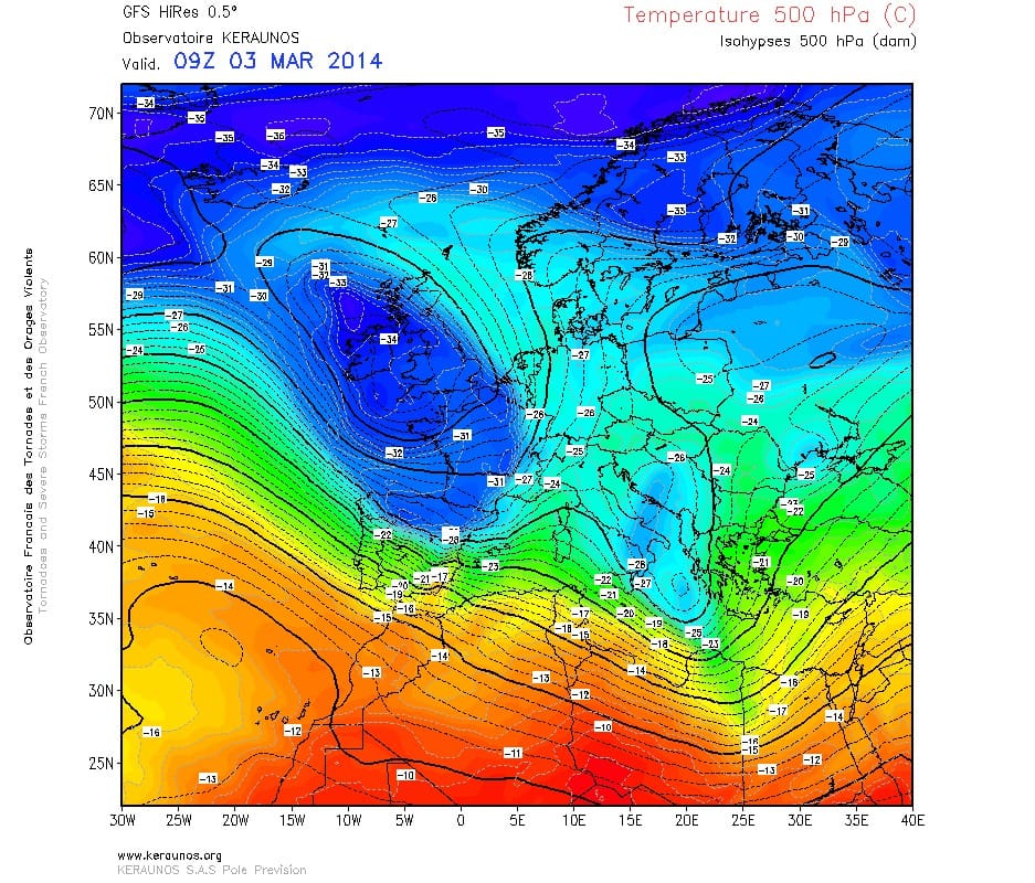 Température à 500 hPa le 3 mars à 09h TU. GFS 0,5° Europe. Run du 03.03.2014 06Z. (c) KERAUNOS Température à 500 hPa le 3 mars à 09h TU. GFS 0,5° Europe. Run du 03.03.2014 06Z. (c) KERAUNOS