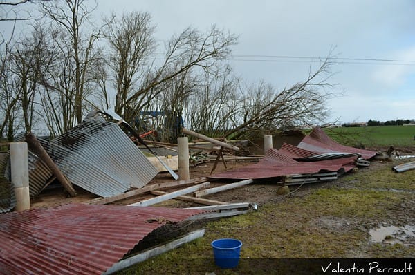 Tornade EF1 de Luçon (Vendée) du 3 mars 2014 - Le Petit Fougeroux - Détail du hangar soufflé (faible maçonnerie) (c) Valentin Perrault Tornade EF1 de Luçon (Vendée) du 3 mars 2014 - Le Petit Fougeroux - Détail du hangar soufflé (faible maçonnerie) (c) Valentin Perrault