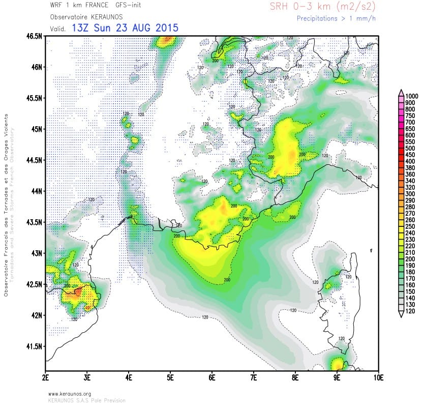 SRH 0-3 km, le 23 août 2015 à 15h locales. Modèle WRF 1 km France. Run du 23.08.2015 00Z. © KERAUNOS SRH 0-3 km, le 23 août 2015 à 15h locales. Modèle WRF 1 km France. Run du 23.08.2015 00Z. © KERAUNOS