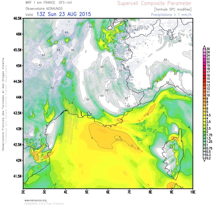 Supercell Composite Parameter, le 23 août 2015 à 15h locales. Modèle WRF 1 km France. Run du 23.08.2015 00Z. © KERAUNOS Supercell Composite Parameter, le 23 août 2015 à 15h locales. Modèle WRF 1 km France. Run du 23.08.2015 00Z. © KERAUNOS