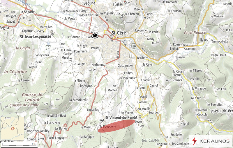 Tornade EF0 de Saint-Vincent-du-Pendit (Lot) du 22 mai 2016. Oeil : emplacement de l'observateur. Plage de couleur rouge : emplacement présumé de la tornade. © Keraunos (fond de carte : Géoportail)