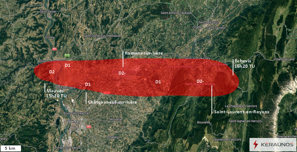 Macrorafale d'intensité modérée (D2) entre l'Ardèche et la Drôme le 29 juillet 2023