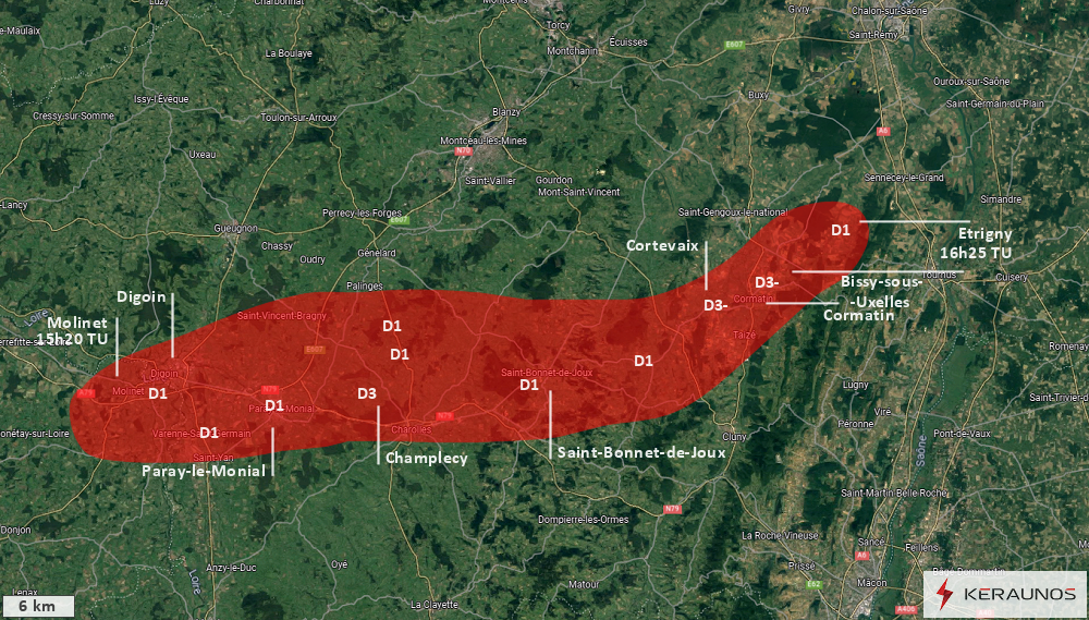 Macrorafales de forte intensité (D3) en Saône-et-Loire le 21 juin 2022