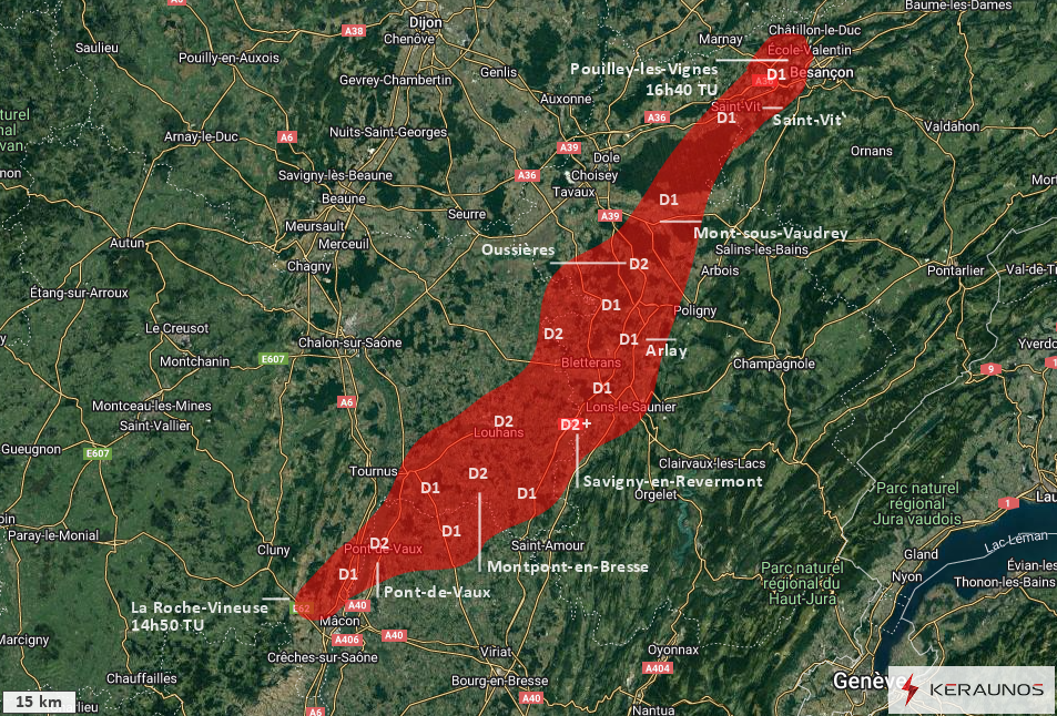 Macrorafales d'intensité modérée (D2) de la Saône-et-Loire au Doubs le 15 juillet 2023