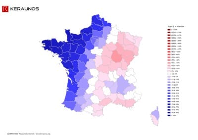 Juillet 2013 : rapport à la normale de l'instabilité latente (MUCAPE). (c) KERAUNOS