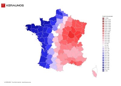 Juillet 2013 : rapport à la normale de l'instabilité latente (MUCAPE). (c) KERAUNOS