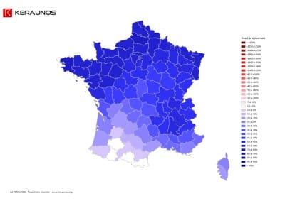 Juillet 2013 : rapport à la normale de l'instabilité latente (MUCAPE). (c) KERAUNOS