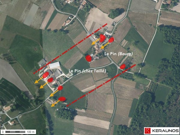 Répartition des dommages causés par la microrafale du Pin (Charente-Maritime), le 18 juillet 2013. (c) KERAUNOS