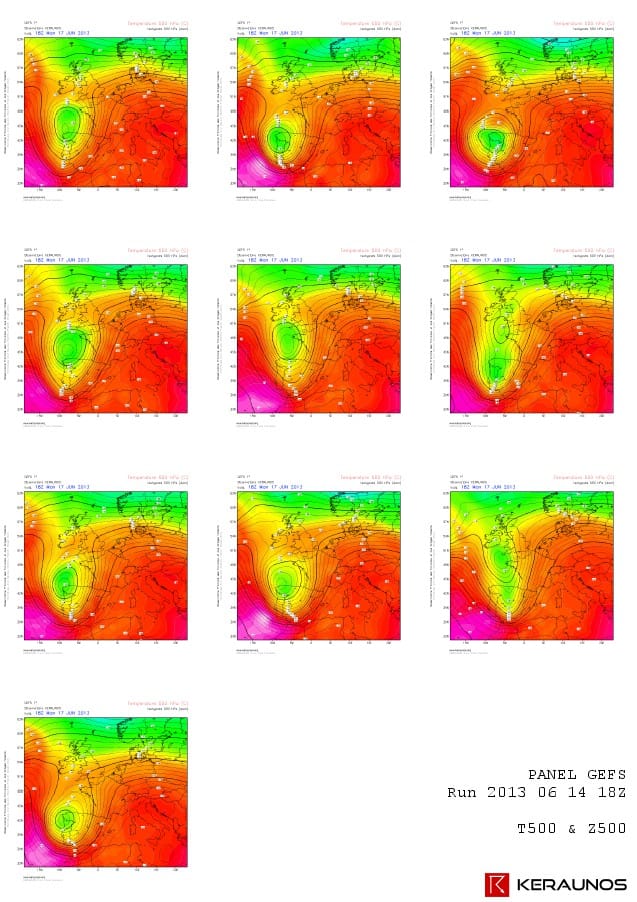 Panel GEFS pour le 17 juin 2013 à 20h locales. T500 & Z500. Run du 2013 06 14 18Z. (c) KERAUNOS Panel GEFS pour le 17 juin 2013 à 20h locales. T500 & Z500. Run du 2013 06 14 18Z. (c) KERAUNOS