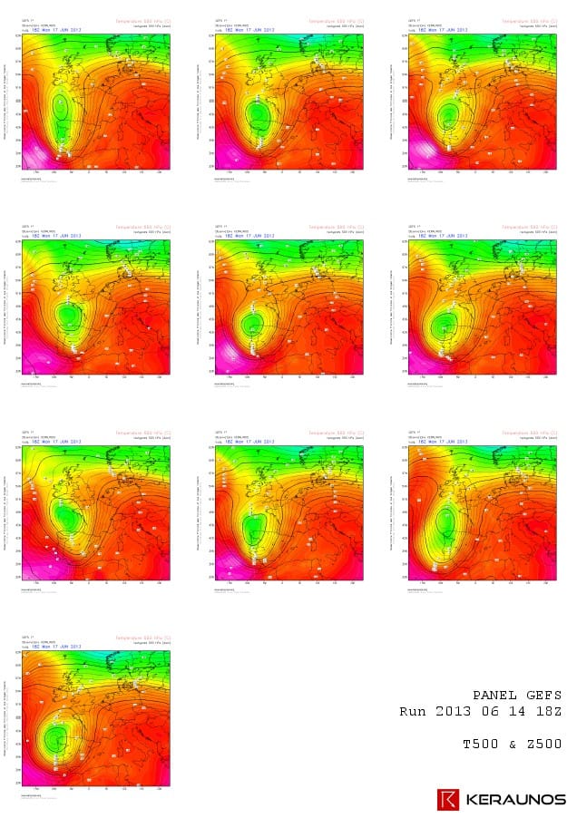 Panel GEFS pour le 17 juin 2013 à 20h locales. T500 & Z500. Run du 2013 06 14 18Z. (c) KERAUNOS Panel GEFS pour le 17 juin 2013 à 20h locales. T500 & Z500. Run du 2013 06 14 18Z. (c) KERAUNOS