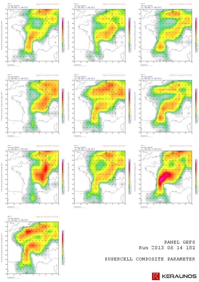 Panel GEFS pour le 17 juin 2013 à 20h locales. Supercell Composite Parameter. Run du 2013 06 14 18Z. (c) KERAUNOS Panel GEFS pour le 17 juin 2013 à 20h locales. Supercell Composite Parameter. Run du 2013 06 14 18Z. (c) KERAUNOS