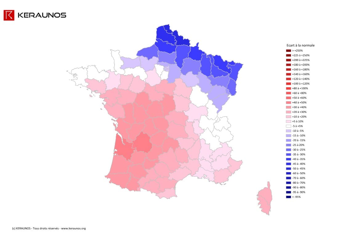 Ecart à la normale de l'instabilité latente en France (MUCAPE) sur la période du 1 janvier au 15 mai 2013. (c) KERAUNOS Ecart à la normale de l'instabilité latente en France (MUCAPE) sur la période du 1 janvier au 15 mai 2013. (c) KERAUNOS