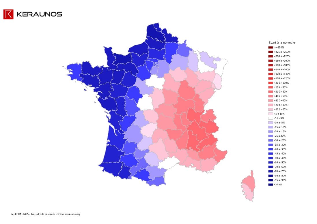 Ecart à la normale de l'instabilité latente en France (MUCAPE) sur la période du 1 au 15 mai 2013. (c) KERAUNOS Ecart à la normale de l'instabilité latente en France (MUCAPE) sur la période du 1 au 15 mai 2013. (c) KERAUNOS