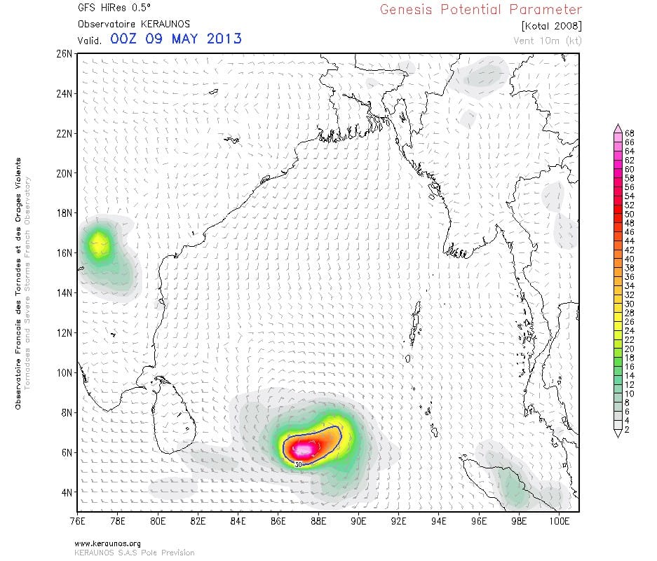 Genesis Potential Parameter. GFS HR 0,5°. Run du 6 mai 2013 06Z. (c) KERAUNOS Risque de cyclone dans le Golfe du Bengale en mai 2013.