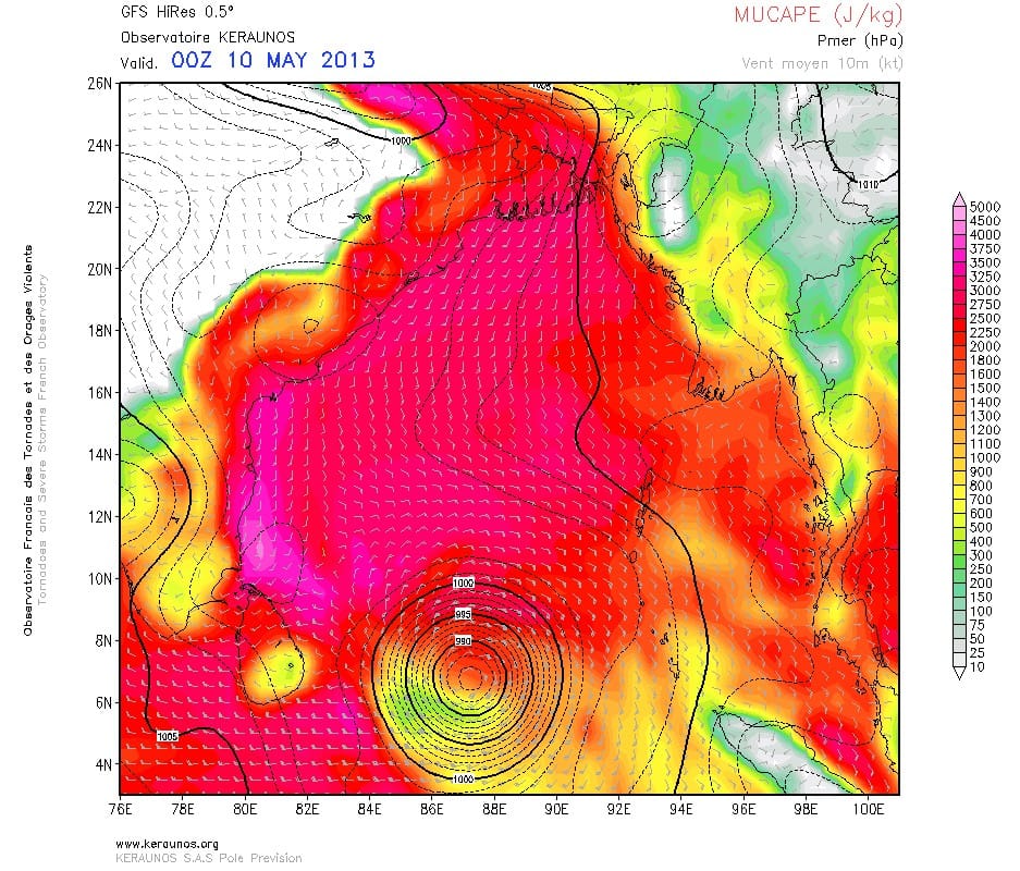 Pression mer, vent à 10 mètres et MUCAPE. GFS HR 0,5°. Run du 6 mai 2013 06Z. (c) KERAUNOS Risque de cyclone dans le Golfe du Bengale en mai 2013.