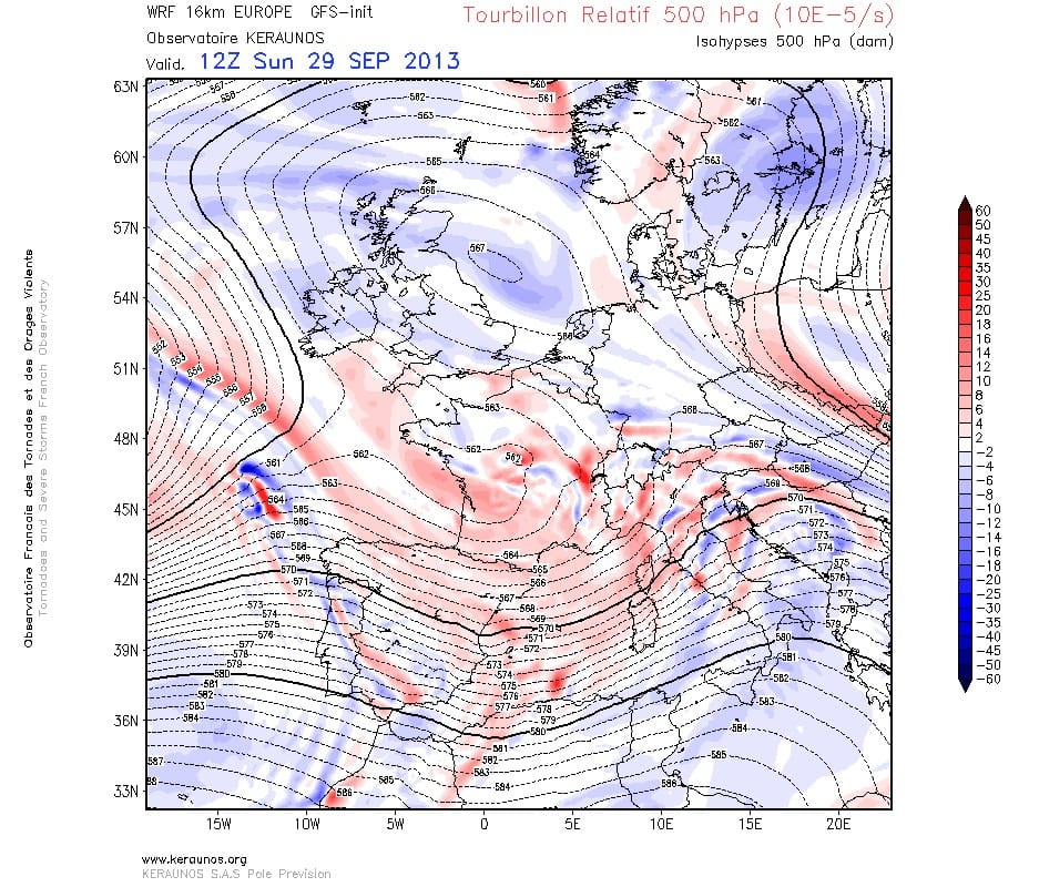 Géopotentiel et tourbillon relatif à 500 hPa le 29 septembre 2013 à 14h locales. WRF 16 km Europe, run du 28.09.2013 18z. (c) KERAUNOS Géopotentiel et tourbillon relatif à 500 hPa le 29 septembre 2013 à 14h locales. WRF 16 km Europe, run du 28.09.2013 18z. (c) KERAUNOS