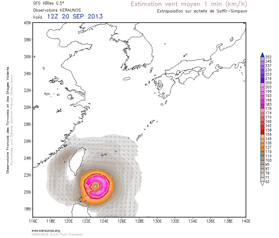 Intensité sur l'échelle de Saffir Simpson simulée sur la base du modèle GFS 0.5° le 20/09/2013 à 12z en abordant le détroit de Luzon. (c) KERAUNOS Intensité sur l'échelle de Saffir Simpson simulée sur la base du modèle GFS 0.5° le 20/09/2013 à 12z en abordant le détroit de Luzon. (c) KERAUNOS