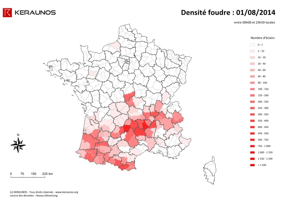 Densité foudre par arrondissements, le 1er août 2014, entre 00h00 et 23h59 locales. (c) KERAUNOS Densité foudre par arrondissements, le 1er août 2014, entre 00h00 et 23h59 locales. (c) KERAUNOS