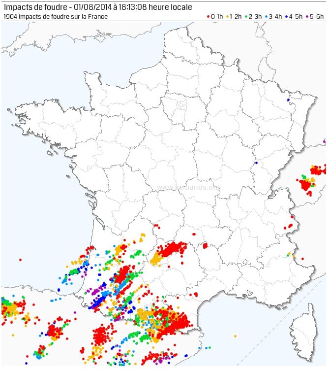 Activité foudre entre 12h et 18h locales sur la France Activité foudre entre 12h et 18h locales sur la France