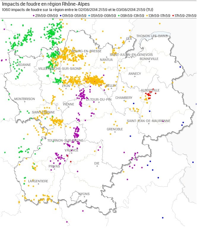 Activité foudre le 3 août 2014 entre 00h00 et 23h59 locales. (c) KERAUNOS / données Blitzortung Activité foudre le 3 août 2014 entre 00h00 et 23h59 locales. (c) KERAUNOS / données Blitzortung