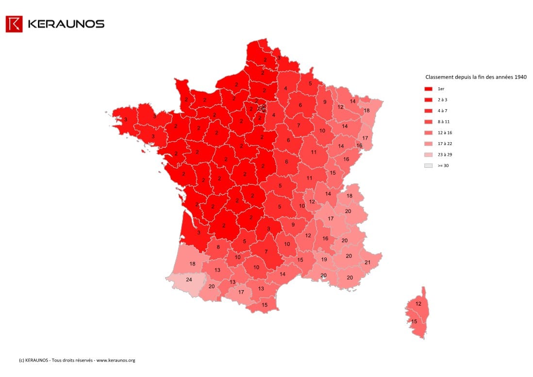 Instabilité latente : classement des moyennes départementales du 1er trimestre 2014 sur la période 1948-2014 . (c) KERAUNOS Instabilité latente : classement des moyennes départementales du 1er trimestre 2014 sur la période 1948-2014 . (c) KERAUNOS