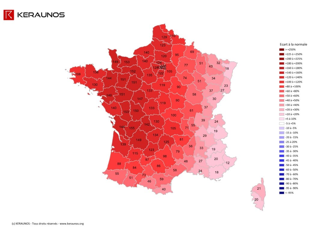 Rapport à la normale de l'instabilité latente (MUCAPE) sur la période du 1er janvier au 31 mars 2014 (%). (c) KERAUNOS Rapport à la normale de l'instabilité latente (MUCAPE) sur la période du 1er janvier au 31 mars 2014 (%). (c) KERAUNOS