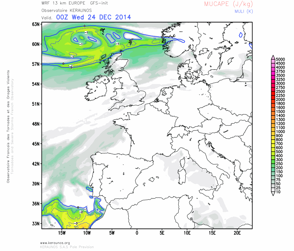 Evolution de l'instabilité du 24 au 26 décembre 2014 - WRF 13 km KERAUNOS Evolution de l'instabilité du 24 au 26 décembre 2014 - WRF 13 km KERAUNOS