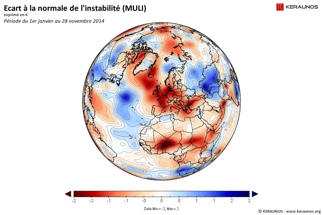 Ecart à la normale de l'instabilité latente (MULI) sur la période du 1er janvier au 28 novembre 2014. Les valeurs négatives, en rouge, indiquent un excédent d'instabilité. © KERAUNOS / données NOAA Ecart à la normale de l'instabilité latente (MULI) sur la période du 1er janvier au 28 novembre 2014. Les valeurs négatives, en rouge, indiquent un excédent d'instabilité. © KERAUNOS / données NOAA