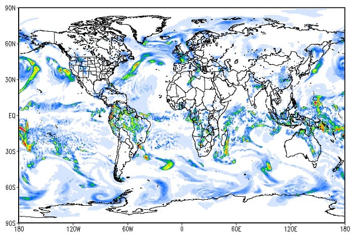 Prévision de précipitations par le modèle global GFS, en résolution 0,5°. (c) KERAUNOS Prévision de précipitations par le modèle global GFS, en résolution 0,5°. (c) KERAUNOS