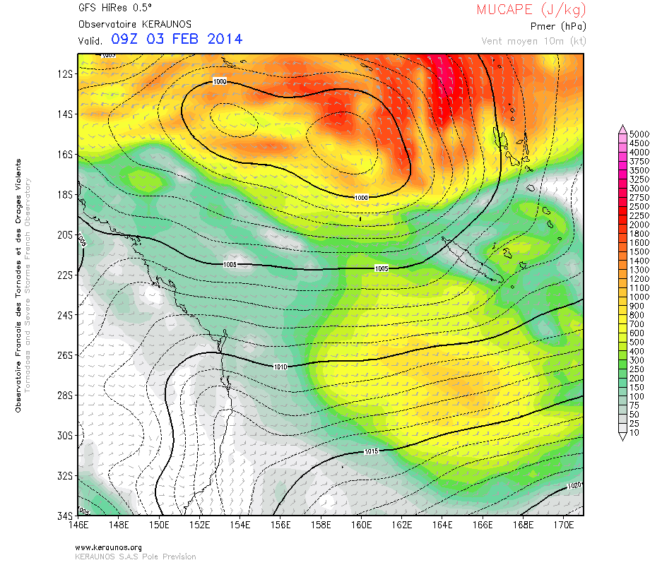 MUCAPE du 3 au 5 février en Nouvelle-Calédonie - GFS 0.5 run du 2 février 00z - KERAUNOS MUCAPE du 3 au 5 février en Nouvelle-Calédonie - GFS 0.5 run du 2 février 00z - KERAUNOS