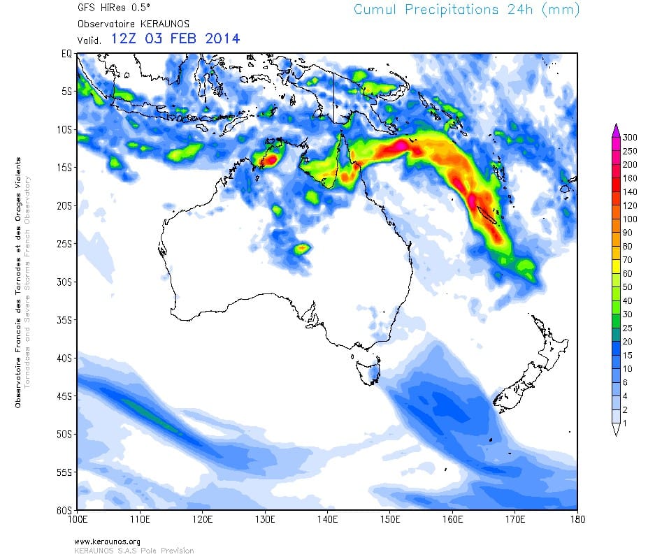 Cumuls 24h prévus entre le 3 et le 4 février en Nouvelle-Calédonie - GFS 0.5 run du 2 février 00z - KERAUNOS Cumuls 24h prévus entre le 3 et le 4 février en Nouvelle-Calédonie - GFS 0.5 run du 2 février 00z - KERAUNOS