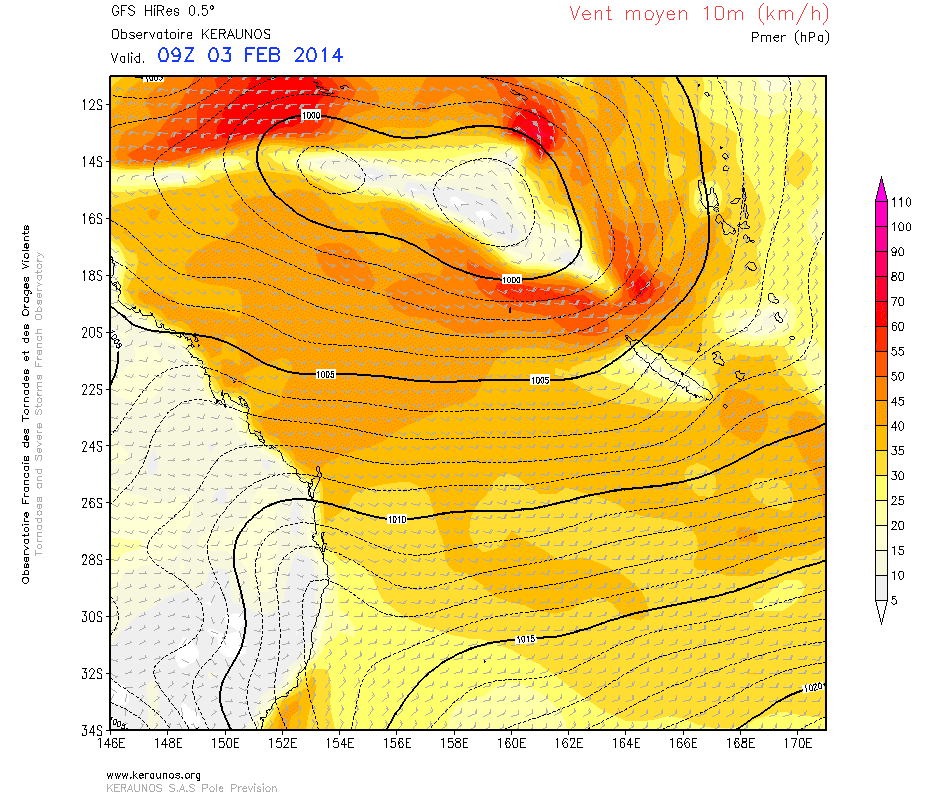 Vent à 10m du 3 au 5 février en Nouvelle-Calédonie - GFS 0.5 run du 2 février 00z - KERAUNOS Vent à 10m du 3 au 5 février en Nouvelle-Calédonie - GFS 0.5 run du 2 février 00z - KERAUNOS