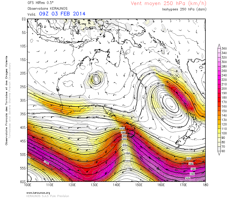 Vent à 250 hPa du 3 au 5 février en Nouvelle-Calédonie - GFS 0.5 run du 2 février 00z - KERAUNOS Vent à 250 hPa du 3 au 5 février en Nouvelle-Calédonie - GFS 0.5 run du 2 février 00z - KERAUNOS