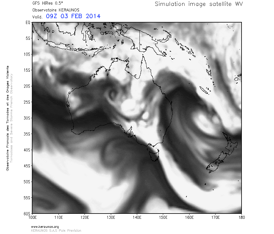 Imagerie vapeur d'eau simulée du 3 au 5 février en Nouvelle-Calédonie - GFS 0.5 run du 2 février 00z - KERAUNOS Imagerie vapeur d'eau simulée du 3 au 5 février en Nouvelle-Calédonie - GFS 0.5 run du 2 février 00z - KERAUNOS
