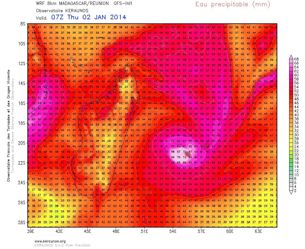 Eau précipitable prévue pour le 2 janvier à 00h TU (WRF 8km Réunion)