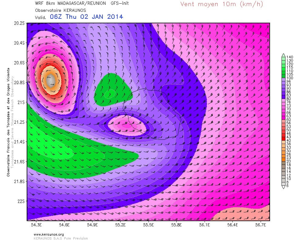 Vent moyen sur 10 min prévu pour le 2 janvier à 07h TU (WRF 8km Réunion)