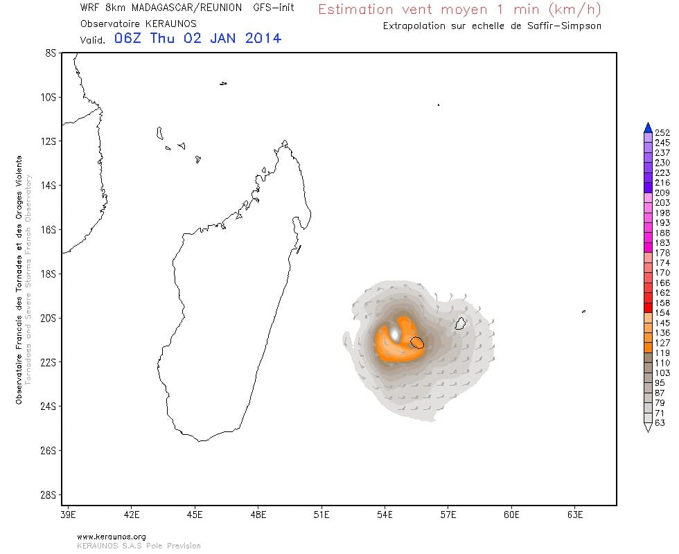 Vents moyens sur 1 min prévus sur l'échelle de Saffir-Simpson pour le 2 janvier à 06h TU (WRF 8km Réunion)